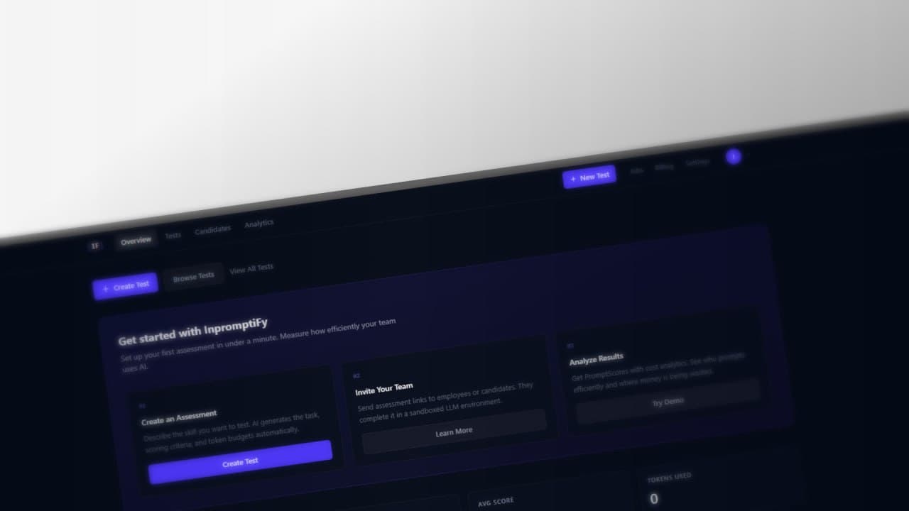 InpromptiFy dashboard showing assessment creation and team onboarding